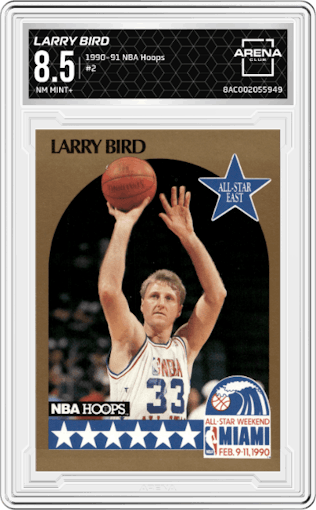 Larry Bird from the 1990-91 NBA Hoops set graded by Arena Club and given an overall grade of 8.5.