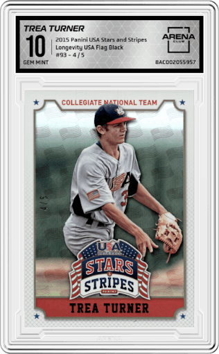 Trea Turner from the 2015 Panini USA Stars and Stripes set featuring a Longevity USA Flag Black parallel graded by Arena Club and given an overall grade of 10.