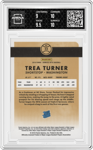 Trea Turner from the 2016 Donruss Optic set graded by Arena Club and given an overall grade of 9.5.