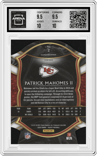 Patrick Mahomes II from the 2020 Panini Select set featuring a Die-Cut Blue  parallel graded by Arena Club and given an overall grade of 10.