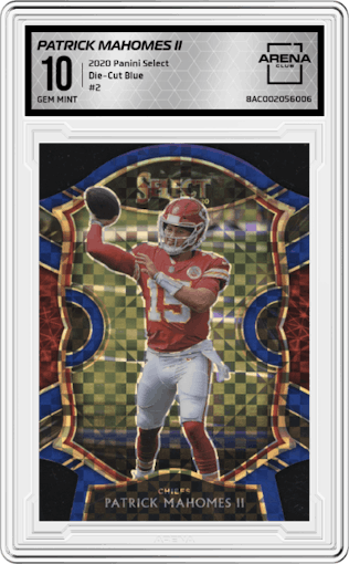 Patrick Mahomes II from the 2020 Panini Select set featuring a Die-Cut Blue  parallel graded by Arena Club and given an overall grade of 10.