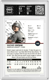 Shohei Ohtani from the 2023 Topps Pristine set featuring a Refractor parallel graded by Arena Club and given an overall grade of 9.5.