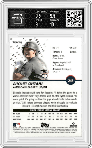 Shohei Ohtani from the 2023 Topps Pristine set featuring a Refractor parallel graded by Arena Club and given an overall grade of 9.5.