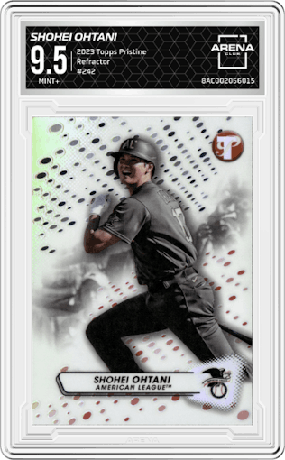 Shohei Ohtani from the 2023 Topps Pristine set featuring a Refractor parallel graded by Arena Club and given an overall grade of 9.5.