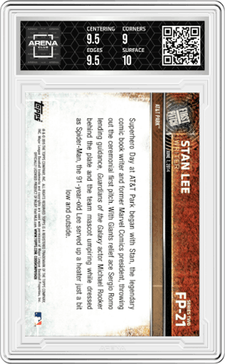 Stan Lee from the 2015 Topps Series 2 set graded by Arena Club and given an overall grade of 9.5.