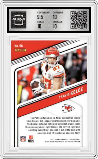Travis Kelce from the 2023 Panini Donruss Elite set featuring a Status Explosion parallel graded by Arena Club and given an overall grade of 10.