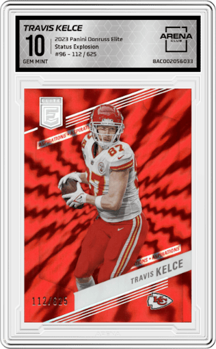 Travis Kelce from the 2023 Panini Donruss Elite set featuring a Status Explosion parallel graded by Arena Club and given an overall grade of 10.