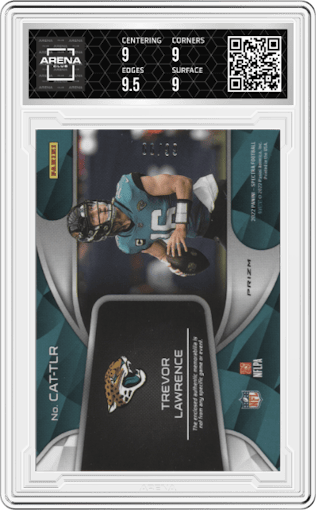 Trevor Lawrence from the 2022 Panini Spectra set graded by Arena Club and given an overall grade of 9.