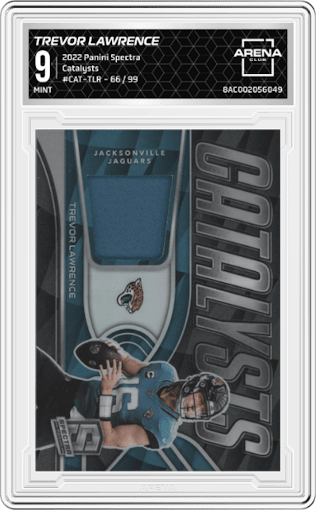 Trevor Lawrence from the 2022 Panini Spectra set graded by Arena Club and given an overall grade of 9.