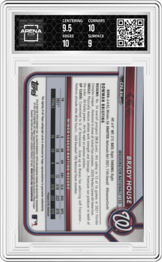 Brady House from the 2022 Bowman Chrome set graded by Arena Club and given an overall grade of 9.5.
