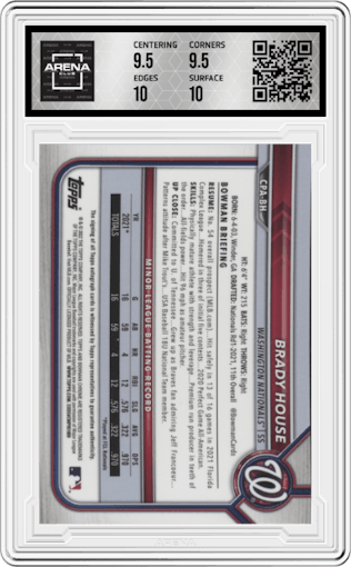 Brady House from the 2022 Bowman Chrome set graded by Arena Club and given an overall grade of 10.