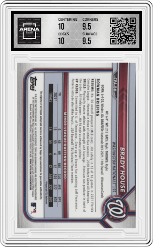 Brady House from the 2022 Bowman Chrome set graded by Arena Club and given an overall grade of 10.
