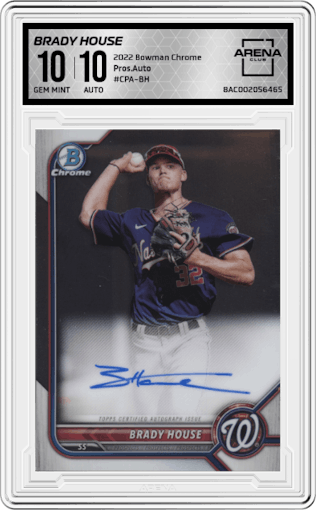 Brady House from the 2022 Bowman Chrome set graded by Arena Club and given an overall grade of 10.