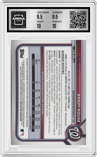 Brady House from the 2022 Bowman Chrome set graded by Arena Club and given an overall grade of 10.