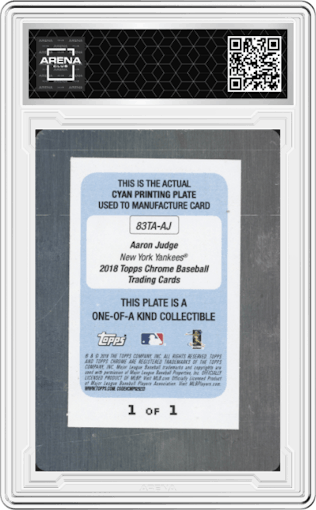 Aaron Judge from the 2018 Topps Chrome set featuring a Cyan Printing Plate parallel graded by Arena Club.