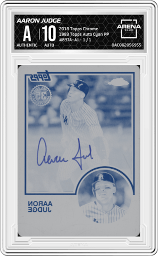 Aaron Judge from the 2018 Topps Chrome set featuring a Cyan Printing Plate parallel graded by Arena Club.