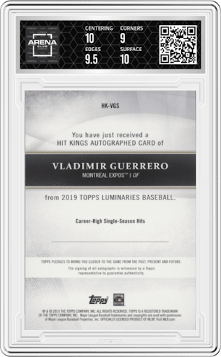 Vladimir Guerrero from the 2019 Topps Luminaries set featuring a Black parallel graded by Arena Club and given an overall grade of 9.5.