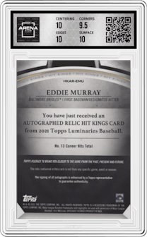Eddie Murray from the 2021 Topps Luminaries set featuring a Black parallel graded by Arena Club and given an overall grade of 10.