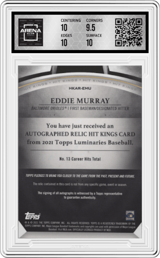 Eddie Murray from the 2021 Topps Luminaries set featuring a Black parallel graded by Arena Club and given an overall grade of 10.