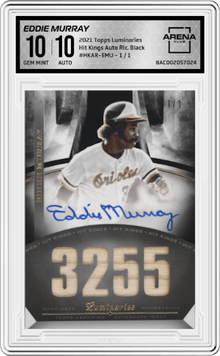 Eddie Murray from the 2021 Topps Luminaries set featuring a Black parallel graded by Arena Club and given an overall grade of 10.