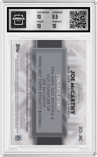Joe McCarthy from the 2017 Topps Dynasty set graded by Arena Club and given an overall grade of 10.
