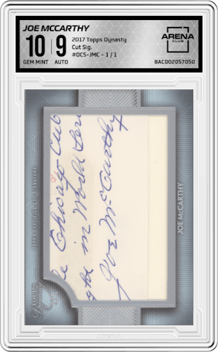 Joe McCarthy from the 2017 Topps Dynasty set graded by Arena Club and given an overall grade of 10.