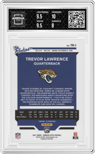 Trevor Lawrence from the 2021 Panini Donruss Optic set graded by Arena Club and given an overall grade of 8.5.