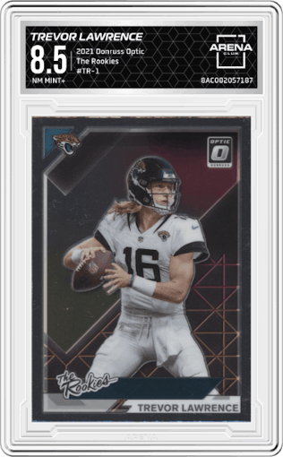 Trevor Lawrence from the 2021 Panini Donruss Optic set graded by Arena Club and given an overall grade of 8.5.