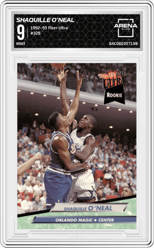 Shaquille O’Neal from the 1992-93 Fleer Ultra set graded by Arena Club and given an overall grade of 9.
