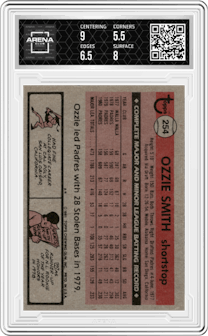 Ozzie Smith from the 1981 Topps set graded by Arena Club and given an overall grade of 6.