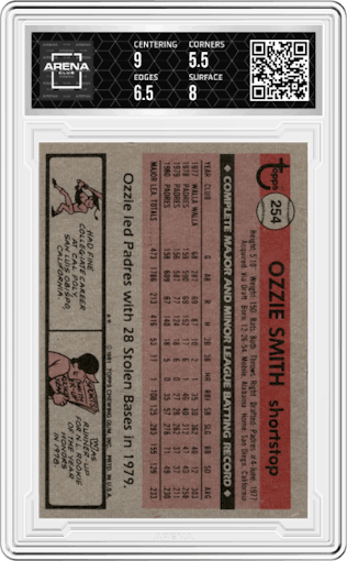 Ozzie Smith from the 1981 Topps set graded by Arena Club and given an overall grade of 6.