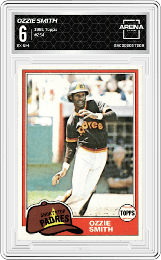 Ozzie Smith from the 1981 Topps set graded by Arena Club and given an overall grade of 6.