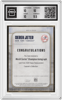 Derek Jeter from the 2020 Topps Transcendent The Captain’s Collection set graded by Arena Club and given an overall grade of 10.