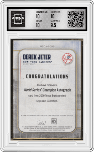 Derek Jeter from the 2020 Topps Transcendent The Captain’s Collection set graded by Arena Club and given an overall grade of 10.
