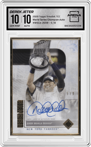Derek Jeter from the 2020 Topps Transcendent The Captain’s Collection set graded by Arena Club and given an overall grade of 10.