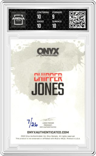 Chipper Jones from the 2022 Onyx Authenticated set graded by Arena Club and given an overall grade of 9.5.