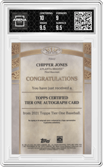 Chipper Jones from the 2021 Topps Tier One set graded by Arena Club and given an overall grade of 9.5.