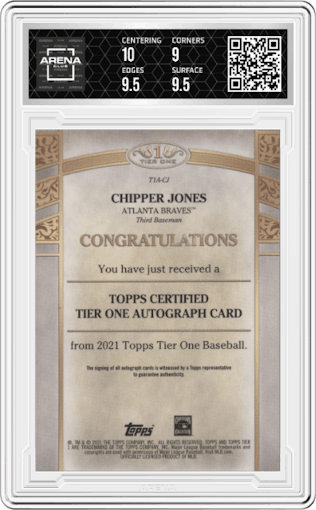 Chipper Jones from the 2021 Topps Tier One set graded by Arena Club and given an overall grade of 9.5.