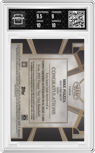 Mike Piazza from the 2021 Topps Tier One set graded by Arena Club and given an overall grade of 9.5.
