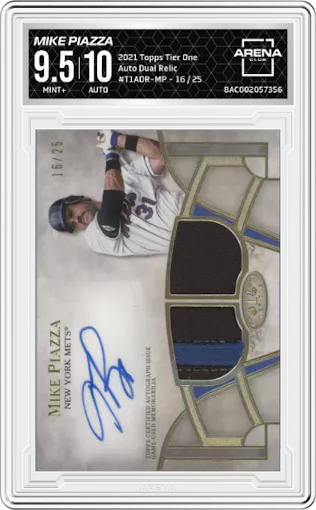 Mike Piazza from the 2021 Topps Tier One set graded by Arena Club and given an overall grade of 9.5.