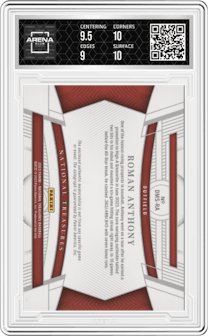 Roman Anthony from the 2023 Panini National Treasures set featuring a Holo Silver parallel graded by Arena Club and given an overall grade of 9.5.