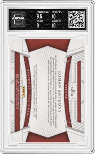 Roman Anthony from the 2023 Panini National Treasures set featuring a Holo Silver parallel graded by Arena Club and given an overall grade of 9.5.