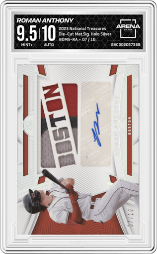 Roman Anthony from the 2023 Panini National Treasures set featuring a Holo Silver parallel graded by Arena Club and given an overall grade of 9.5.