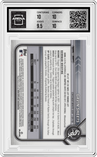 Gavin Sheets from the 2022 Bowman Chrome Sapphire Edition set featuring a  Purple parallel graded by Arena Club and given an overall grade of 10.