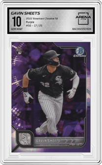 Gavin Sheets from the 2022 Bowman Chrome Sapphire Edition set featuring a  Purple parallel graded by Arena Club and given an overall grade of 10.