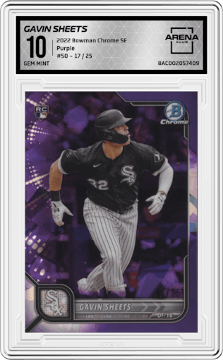 Gavin Sheets from the 2022 Bowman Chrome Sapphire Edition set featuring a  Purple parallel graded by Arena Club and given an overall grade of 10.