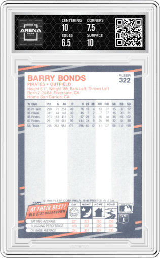 Barry Bonds from the 1988 Fleer set graded by Arena Club and given an overall grade of 7.