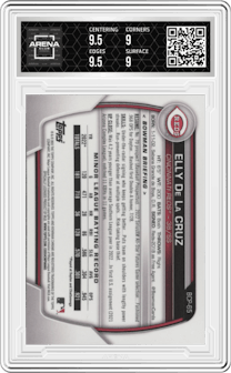 Elly De LA Cruz from the 2023 Bowman  set graded by Arena Club and given an overall grade of 9.5.
