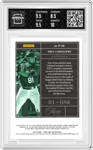 Shea Langeliers from the 2022 Panini Three & Two set graded by Arena Club and given an overall grade of 9.