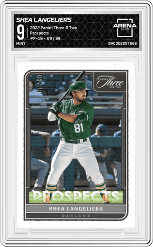 Shea Langeliers from the 2022 Panini Three & Two set graded by Arena Club and given an overall grade of 9.